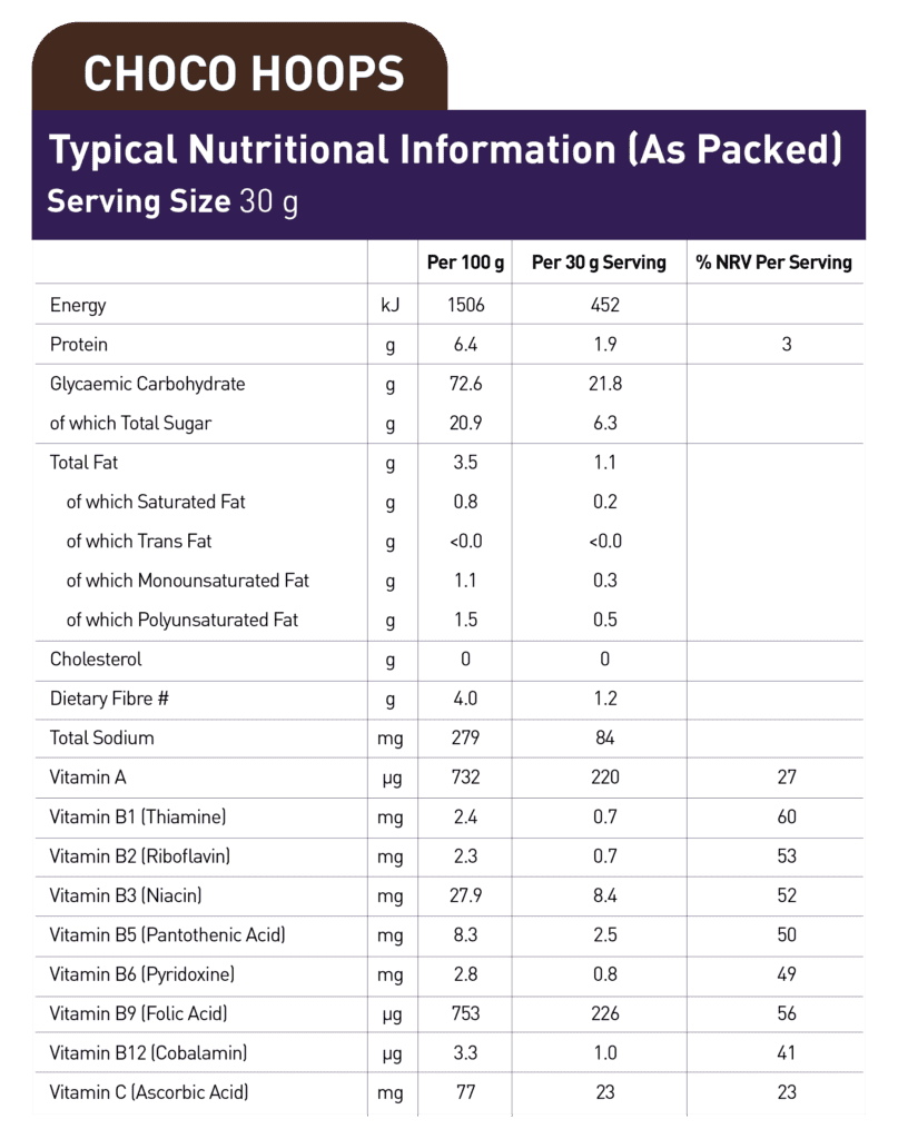 Froozles Cereal - Choco Hoops - Nutritional Information